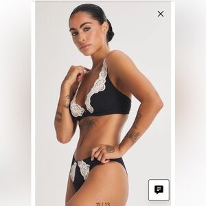 Savage X Fenty Black and Cream Lace Bra, panty, and garter belt